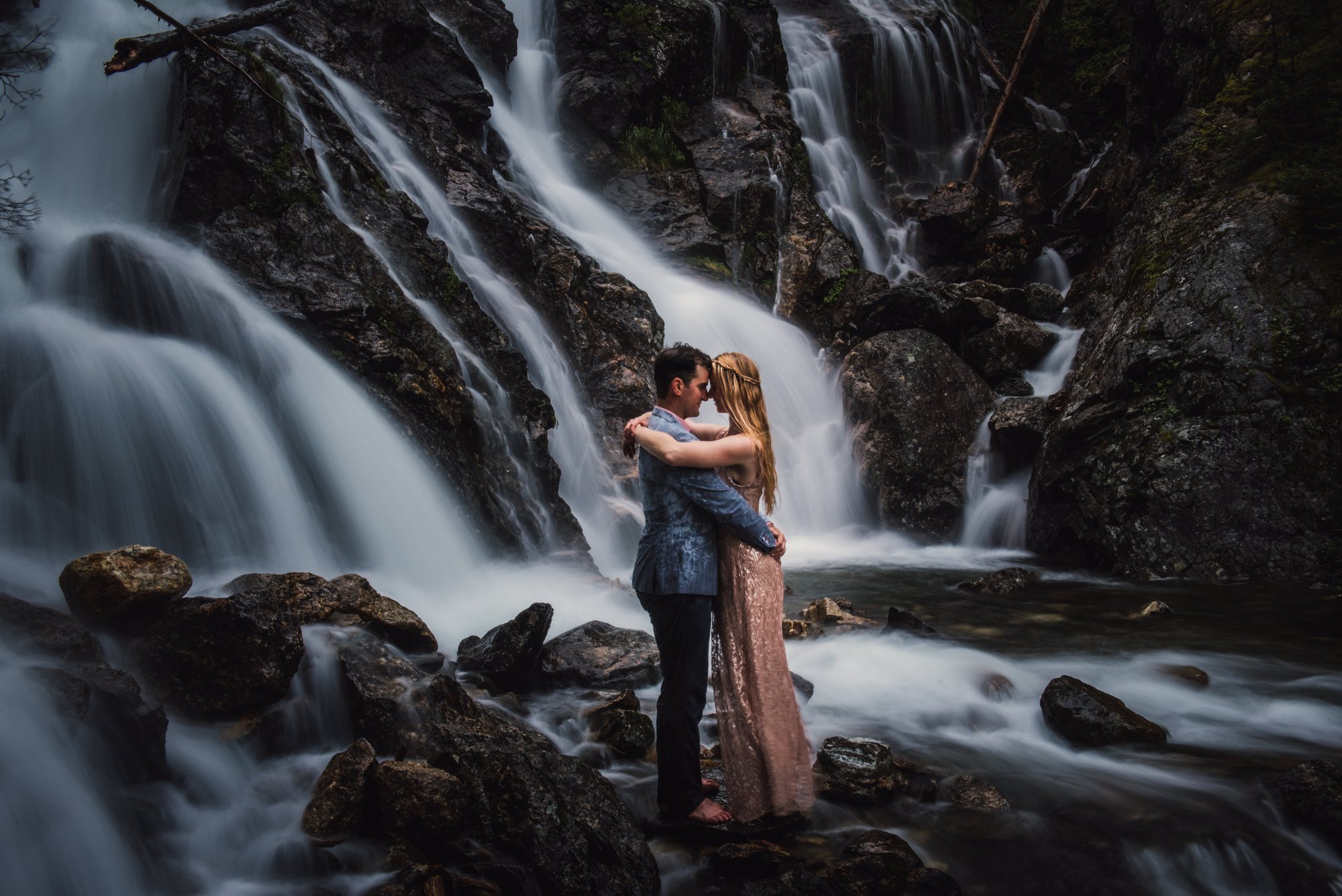 Wedding photoshoot in  Silver Tip Falls, a Wells Gray waterfall