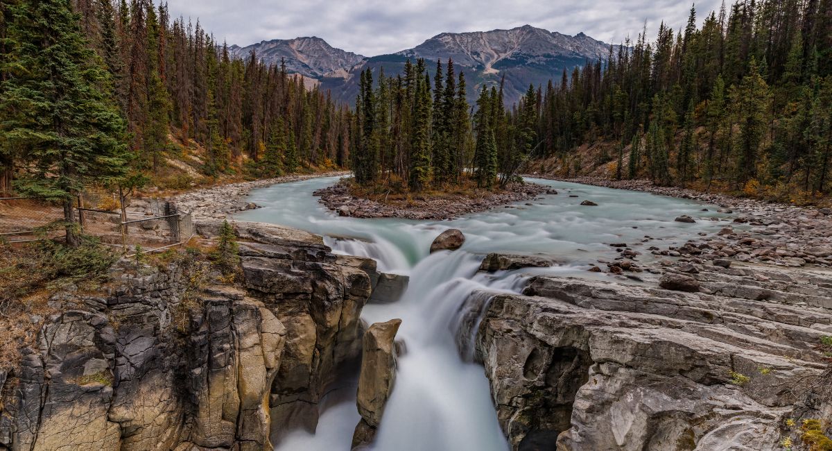  A view of Sunwapta Falls surrounded by forests with a view of the mountains on the Icefields Parkway in Jasper.