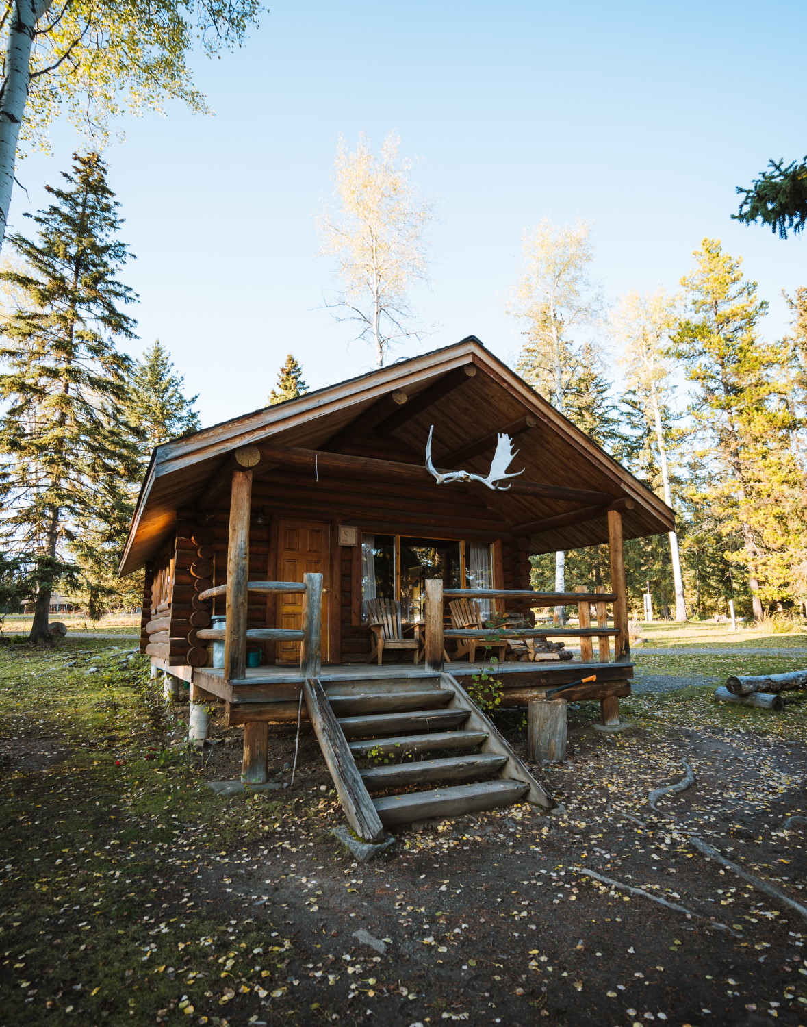 Small log cabin with front deck and moose antlers mounted above entry.