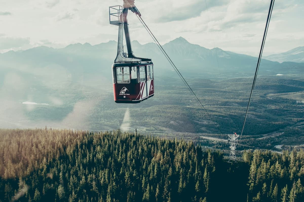 The Jasper skytram traveling above the mountains in Jasper